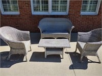 Set of 2 outdoor wicker chairs, couch and table