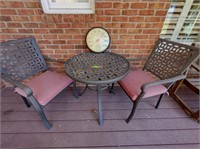 2 metal patio chairs with table & thermometer