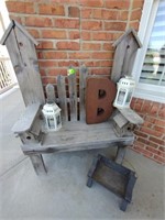 Wooden bench, lantern, decorative outdoor items