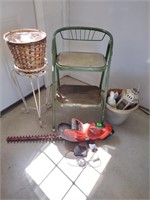 Metal chair, trimmer, metal stand, flower pots