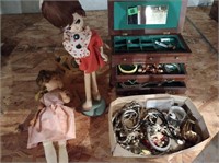 Jewelry box with costume jewelry, dolls