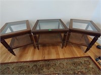 3 matching wood and glass side tables