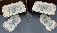 Vintage Blue and Cream Floral Metal TV Trays