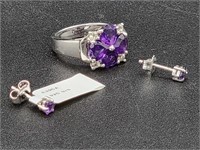 India .925 QJ SS Clover Amethyst Ring and Earrings