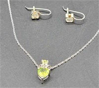 Peridot Heart Pendant SS Necklace & SS Earrings