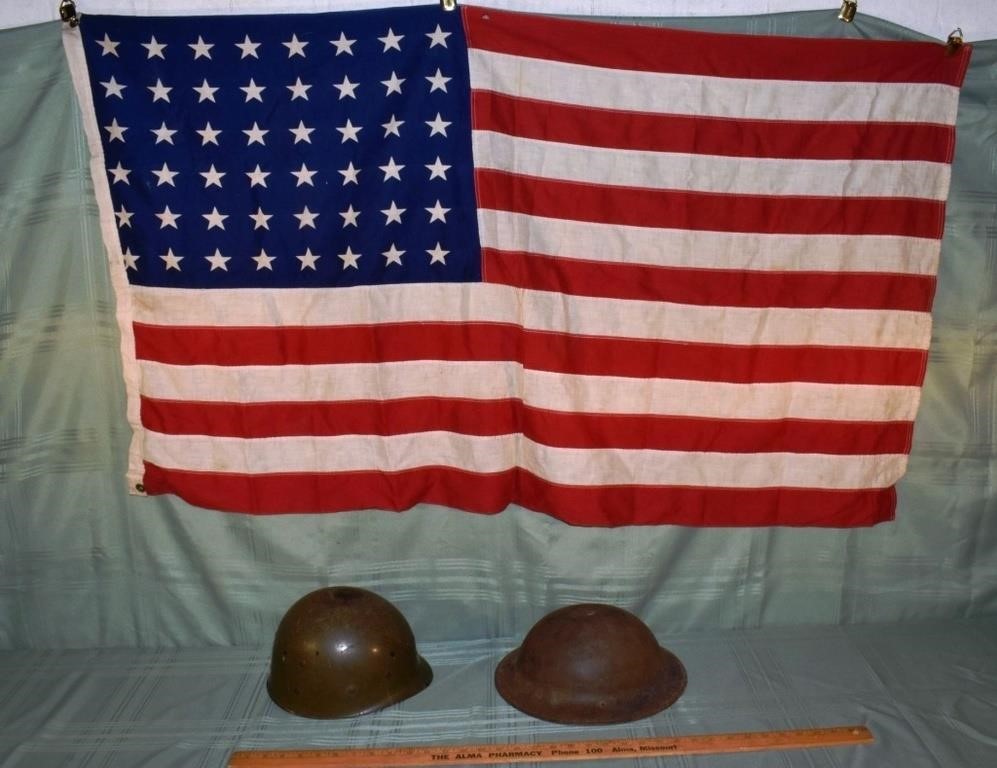 48 star flag, WWI helmet and helmet shell; as is