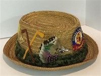 VINTAGE ITALIAN STRAW HAT w OLD FEATHER PIN, GOLF