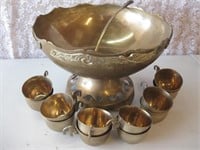 14" Diameter Brass Punch Bowl With Ladle & Cups