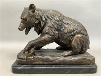 Bronze  Bear with Fish Statue on Marble Base
