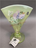 Fenton Iridescent Hand Painted Vaseline Glass Vase