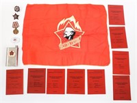 COLD WAR SOVIET ID BOOKLET / FLASK / FLAG & MEDALS