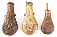 19th C. - CURRENT BRASS POWDER FLASK LOT OF 3