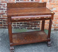 Antique quarter sewn Foyer Table w/ 2 drawers,