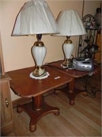 Pair of Wooden Tables & Table Lamps