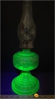 Uranium Glass Oil Lamp w/Chimney.  Chip on