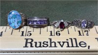 4 sterling rings w/amethyst, garnet, Opal Turq 925
