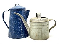 Porcelain Enamel Teapot and Metal Oil Can - 10”