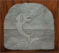 Hand Etched Marling Fish on Stone Plaque 6" Wide