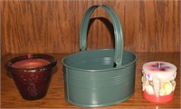 3pc Home Decor Lot: Green Metal Basket + Seashell