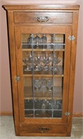 Antique Oak Cutaway Cabinet w/ Leaded Glass Doors