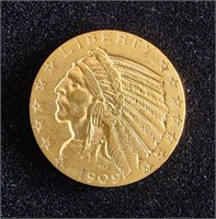 1909 $5 HALF EAGLE INDIAN HEAD GOLD COIN