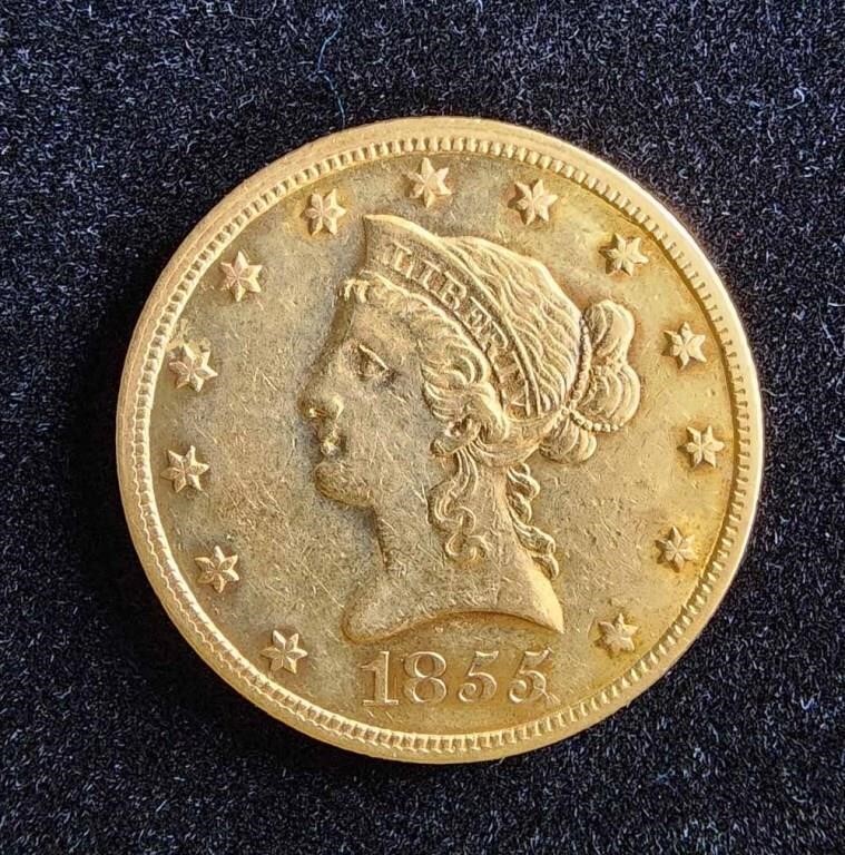 1855 $10 EAGLE CORONET GOLD COIN