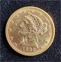 1893 $5 HALF EAGLE CORONET GOLD COIN