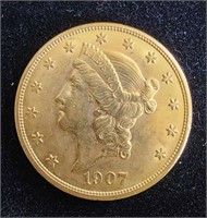 1907 $20 DOUBLE EAGLE CORONET GOLD COIN