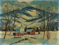PRIMITIVE NEW ENGLAND WINTER SCENE PAINTING SIGNED
