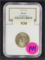 1918 SILVER STANDING LIBERTY QUARTER MS64 NGC