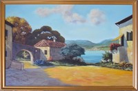 VINTAGE WATERFRONT VILLA PAINTING SIGNED
