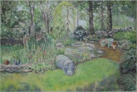 FLORAL LANDSCAPE W HIPPO PASTEL DRAWING SIGNED