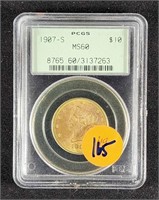 1907-S $10 EAGLE GOLD COIN MS60 PCGS