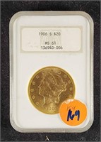 1906 S $20 EAGLE GOLD COIN MS61 NGC