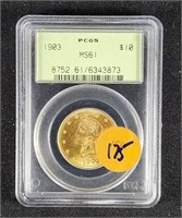 1903 $10 EAGLE GOLD COIN MS61 PCGS