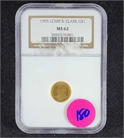 1905 LEWIS & CLARK EXPOSITION $1 GOLD COIN MS62 NG