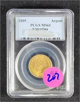 1889 ARGENTINA 5 PESOS GOLD COIN MS61 PCGS