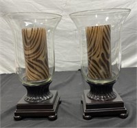 2 Wood & Glass Candle Holders w/ Candles