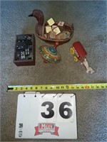 Dominoes, metal top, cast iron wagon and horse,