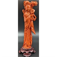 Chinese Coral Carving Of A Maiden With Lotus Flow