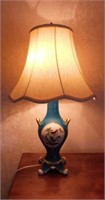 Hand painted porcelain table lamp w/ linen shade,
