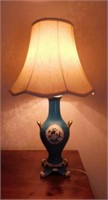 Hand painted porcelain table lamp w/ linen shade,