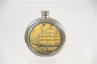 English Pewter Carved Ship Flask, Made in England