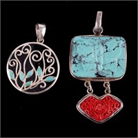 Sterling Silver Turquoise & Coral Pendants