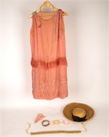Pink Flapper Dress, Hat and Accessories