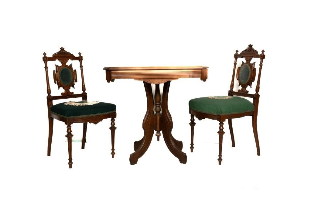 Pair of Petite Carved Victorian Chairs and Table