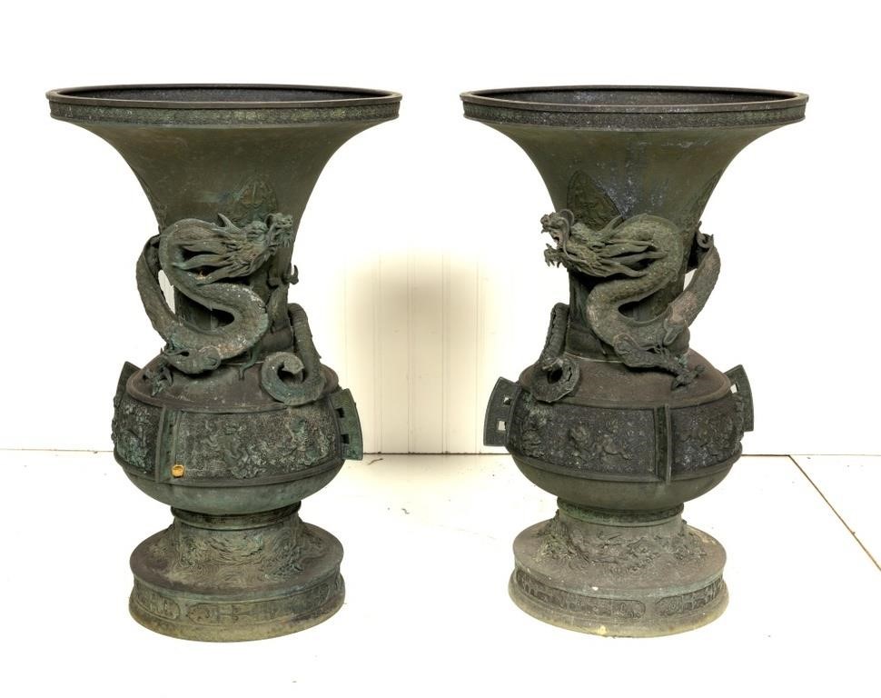 Pair of Dragon Decorated Metal Urn Planters