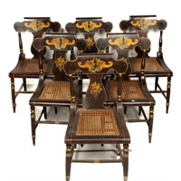 Six Decorated Cane Seat Side Chairs