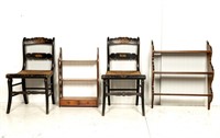 Pair 19th C Stenciled Chairs & 2 Hanging Shelves