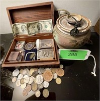 Coins + 2$ Bills W/ Clay Pot